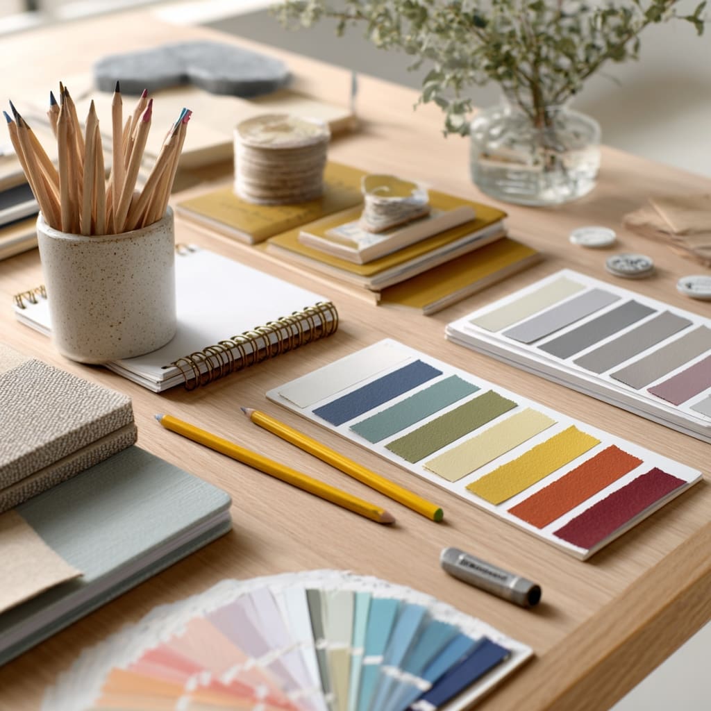 Flat lay of color swatches, notebooks, and pencils on a light wood desk — tools for building a cohesive website color palette.