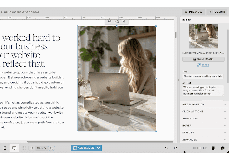 Screenshot of Showit design panel with area for alternative text placement of an image on a Showit website