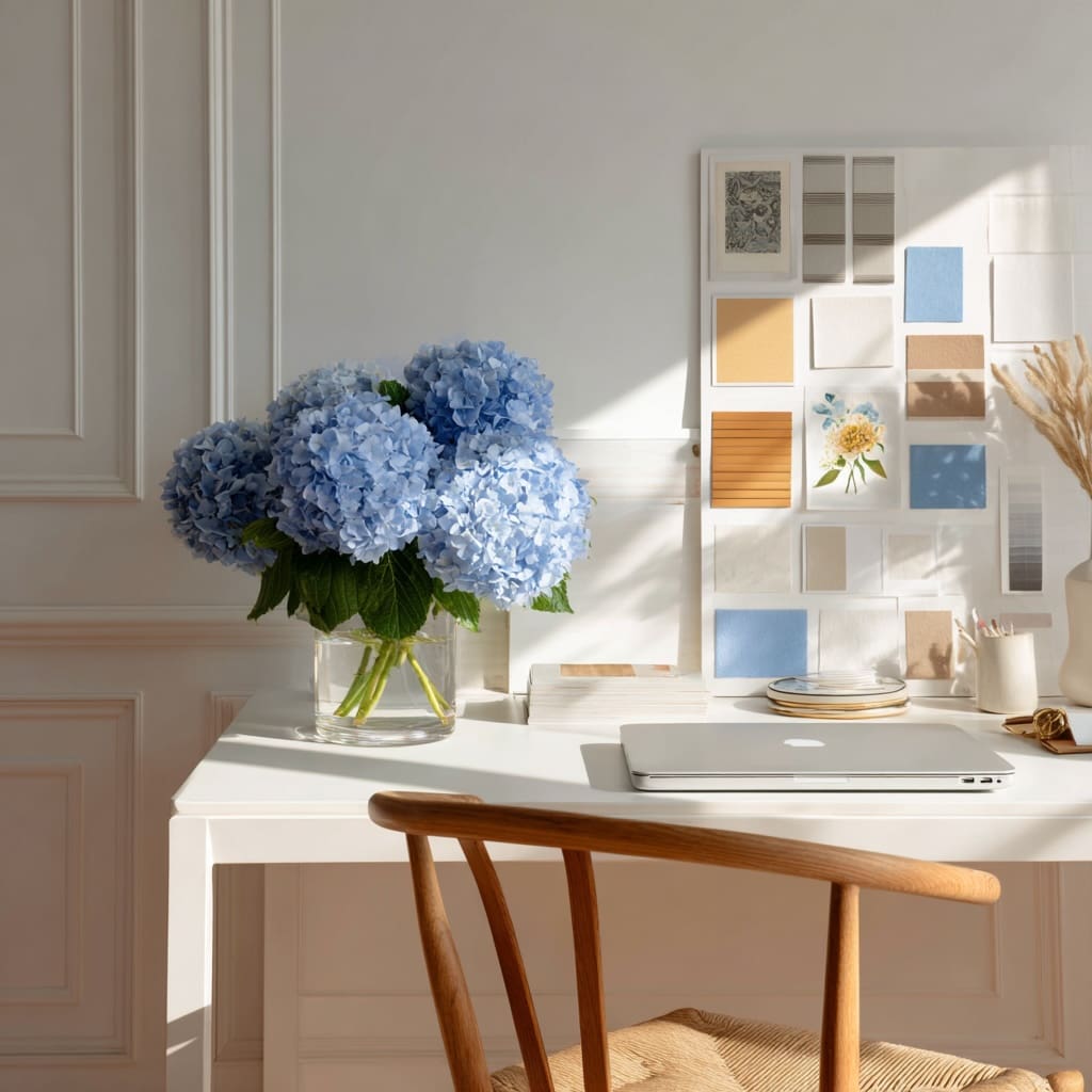 Bright minimal home office workspace with a white desk, laptop, wooden chair, blue hydrangea bouquet, and a color swatch mood board — used in a blog post about Showit website accessibility tips.
