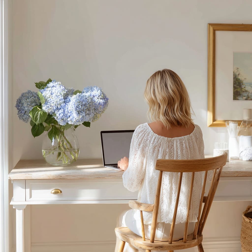 Blonde woman working on laptop at a white desk with blue hydrangeas, researching Showit vs. Squarespace for her small business website