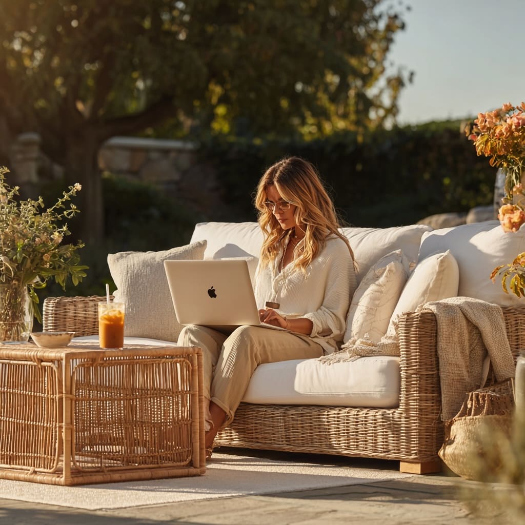 Woman working on a laptop outdoors on a white wicker sofa, representing the freedom of running a professional website-designed business