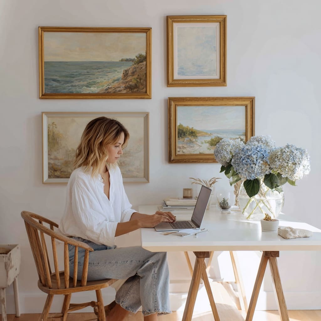 Woman sitting at a white desk working on a laptop while researching Showit website templates