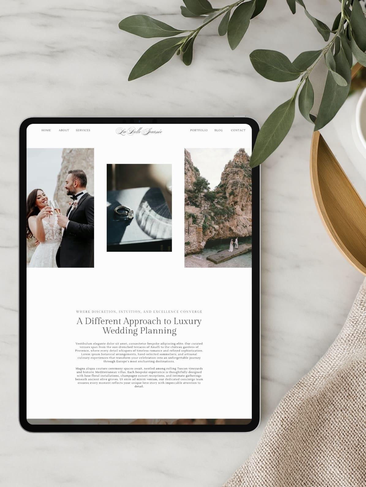 Luxury wedding planner website template displayed on tablet, featuring an editorial European design with soft neutral tones and elegant typography — La Belle Journée by Blue House Creative Co.