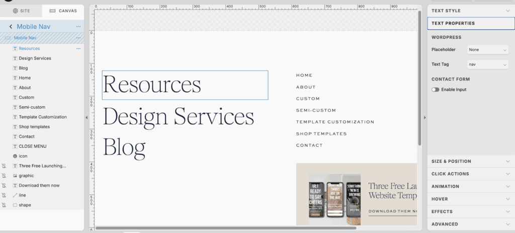 Screenshot of Showit design panel in a Showit website for explanation of setting up proper navigation text tags and element order