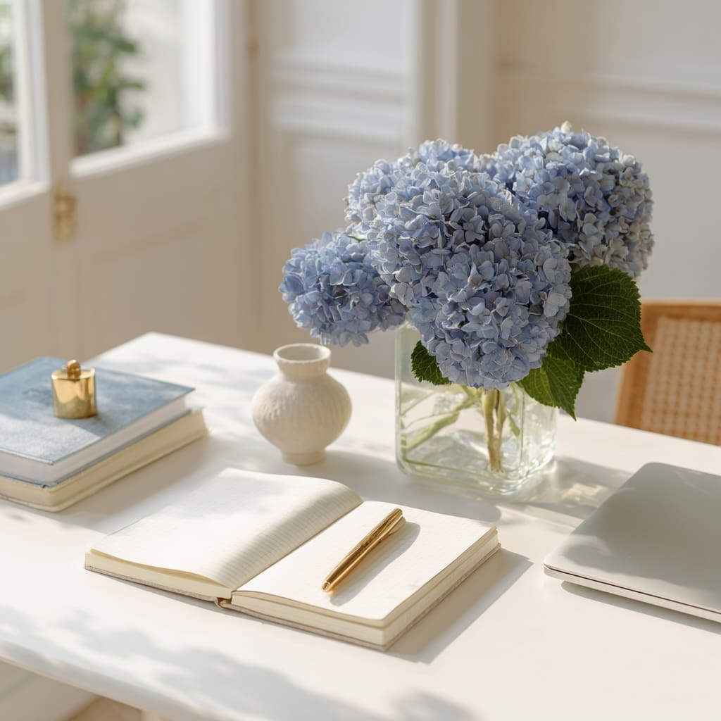Bright and airy workspace styled with blue hydrangeas, an open notebook, and a gold pen — perfect for exploring elegant Google Fonts for creative brands.