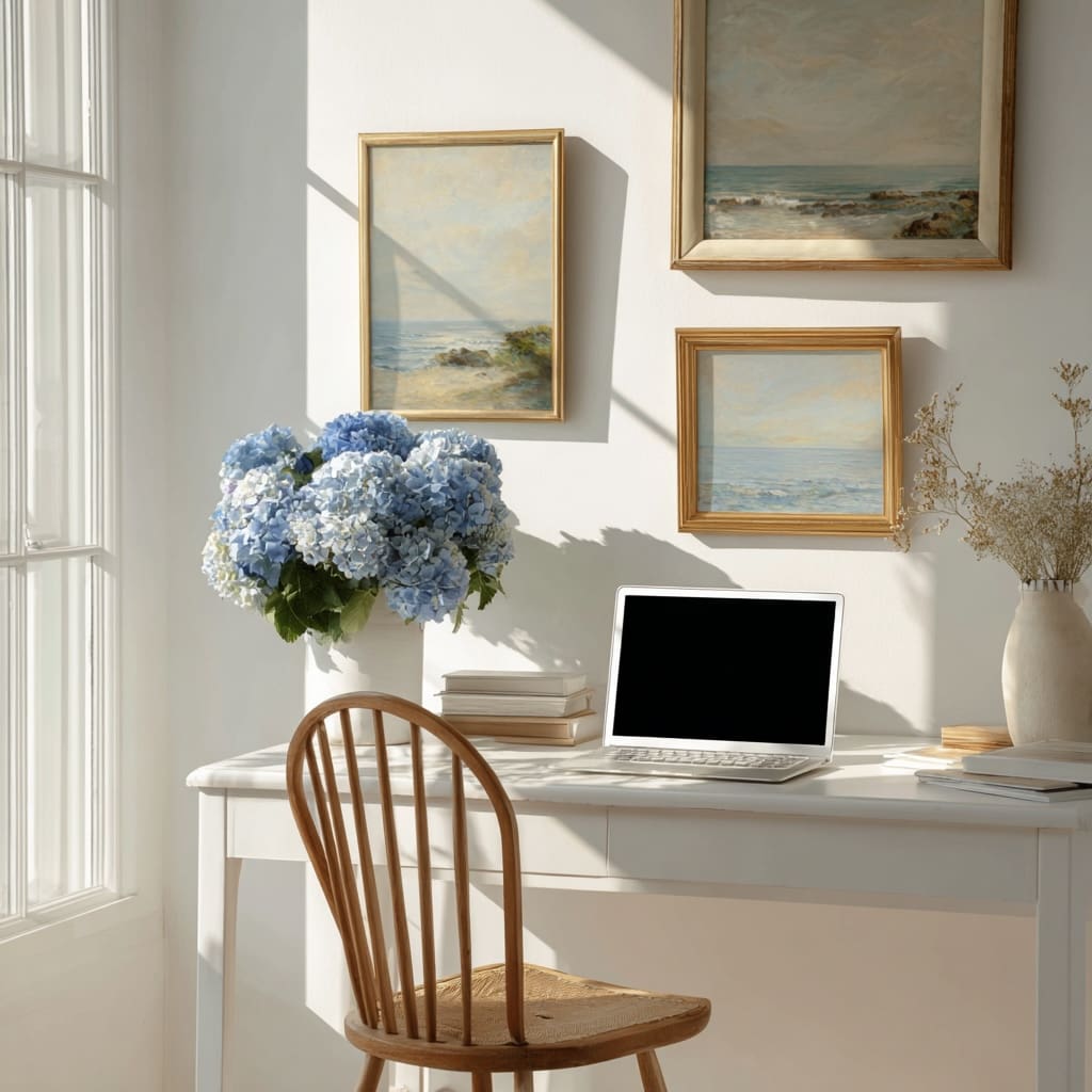 Minimal home office with white walls, blue hydrangeas, and vintage coastal paintings, styled for a creative business owner deciding between a custom website vs. template.