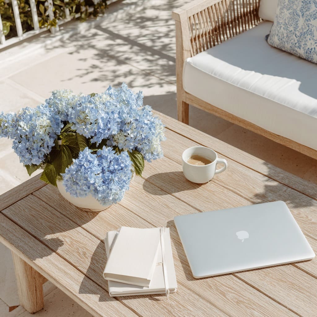 Macbook and notebooks on an outdoor wood table with blue hydrangeas and coffee, styled workspace for SEO website design tips