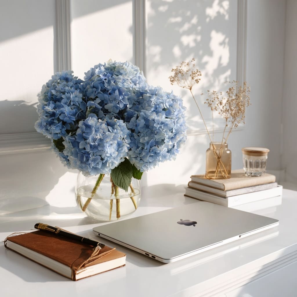 Flat lay of a closed MacBook laptop on a white desk with blue hydrangeas in a glass vase, a leather journal, and dried florals – styled workspace for creative entrepreneurs exploring “What is Showit” as a website builder